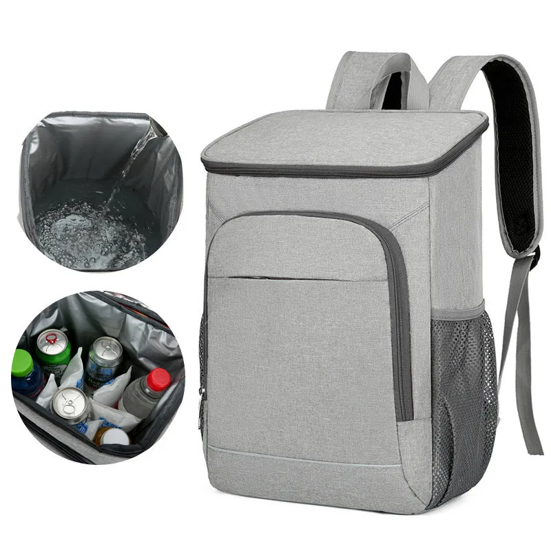 Large black outdoor thermal picnic backpack with curved shoulder straps on a gray background.