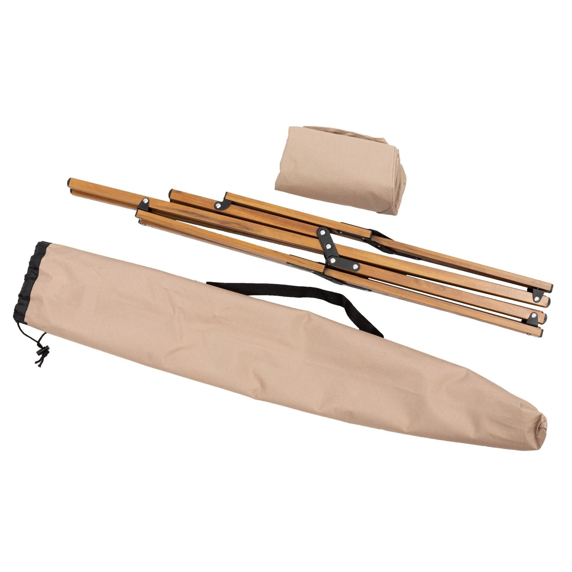 Folding camping chair with aluminium frame, wood grain finish, handrails, and rotating seat in outdoor setting