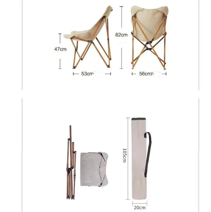 Folding camping chair with aluminium frame, wood grain finish, handrails, and rotating seat in outdoor setting