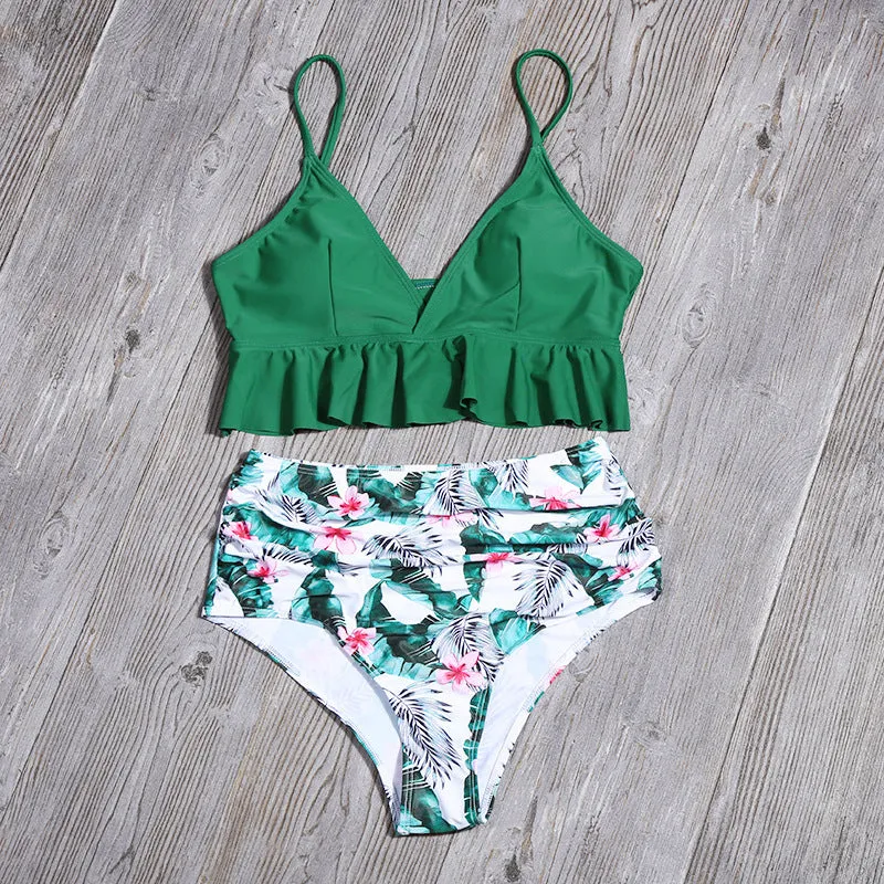 Women's green fashion printed ruffle swimsuit with floral pattern, nylon fabric, includes bra and pants