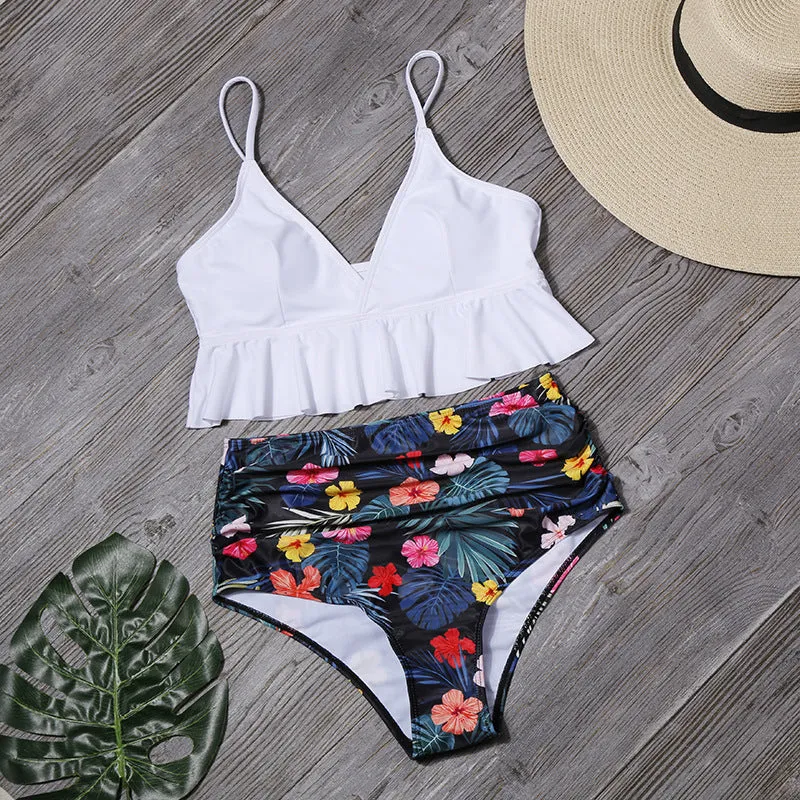 Women's green fashion printed ruffle swimsuit with floral pattern, nylon fabric, includes bra and pants