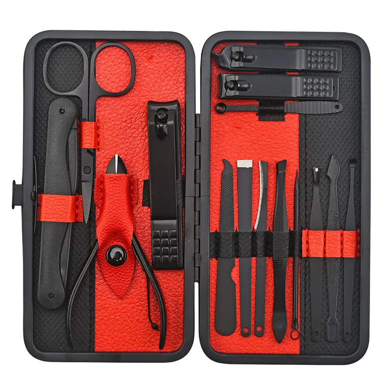 Red 36-piece manicure nail care kit with stainless steel tools in a PU leather case