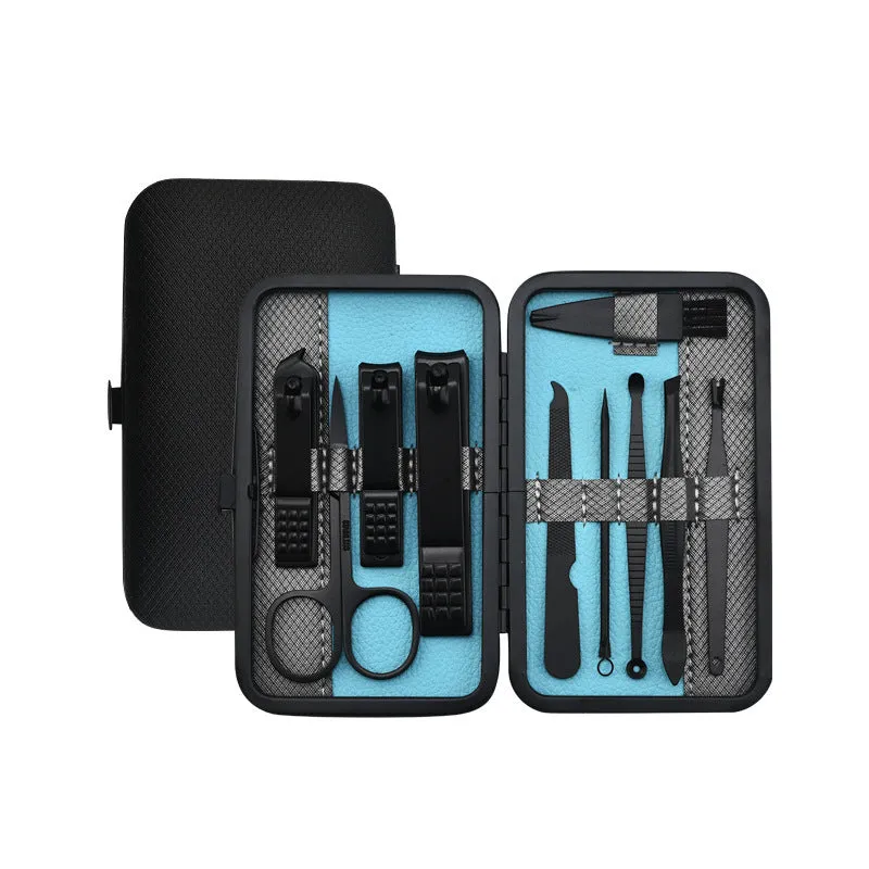 Red 36-piece manicure nail care kit with stainless steel tools in a PU leather case