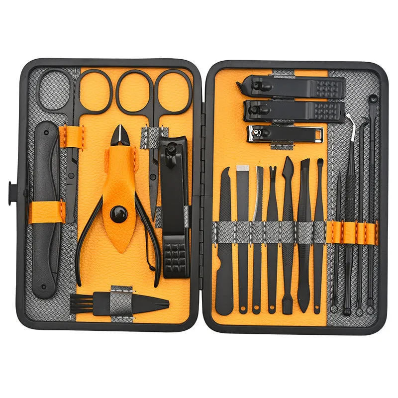 Red 36-piece manicure nail care kit with stainless steel tools in a PU leather case