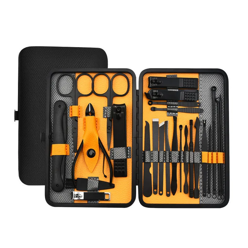 Red 36-piece manicure nail care kit with stainless steel tools in a PU leather case