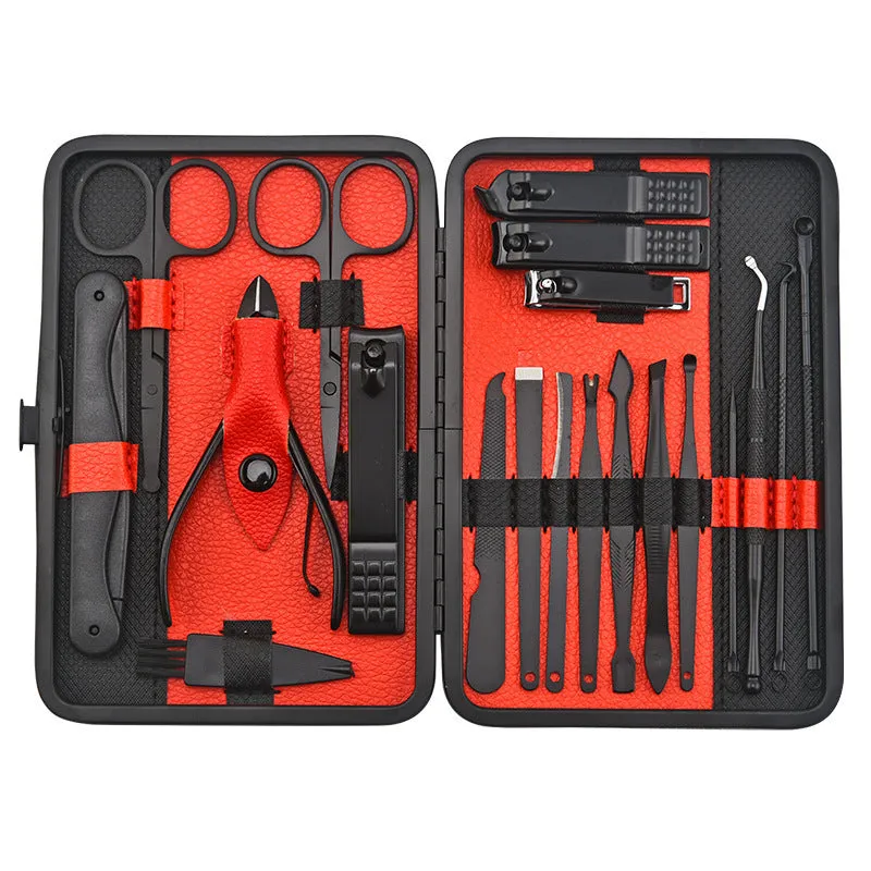 Red 36-piece manicure nail care kit with stainless steel tools in a PU leather case