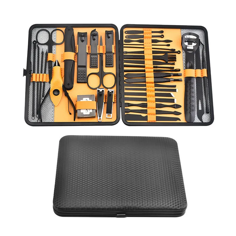 Red 36-piece manicure nail care kit with stainless steel tools in a PU leather case