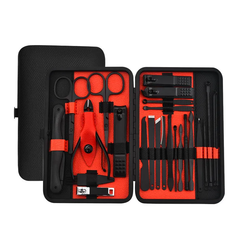 Red 36-piece manicure nail care kit with stainless steel tools in a PU leather case