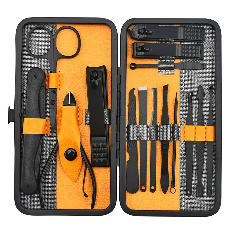Red 36-piece manicure nail care kit with stainless steel tools in a PU leather case