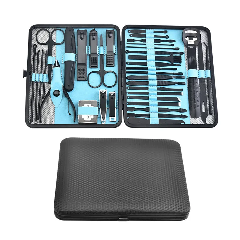 Red 36-piece manicure nail care kit with stainless steel tools in a PU leather case