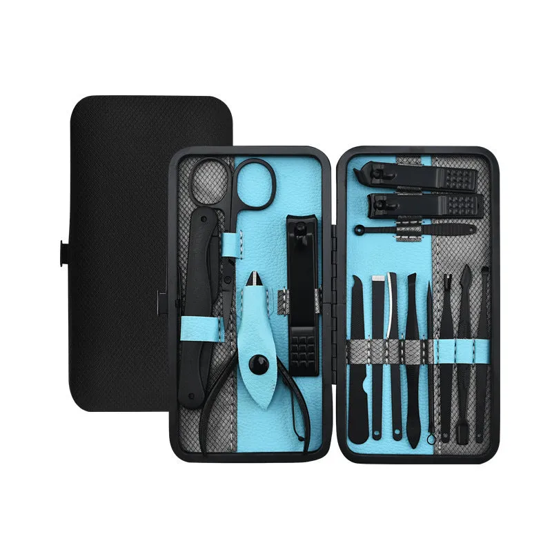 Red 36-piece manicure nail care kit with stainless steel tools in a PU leather case