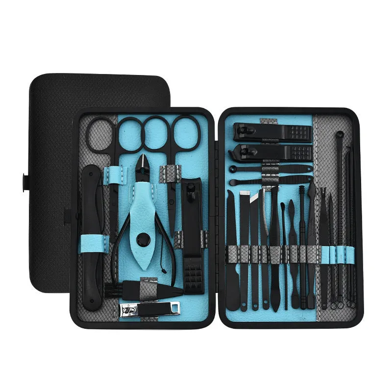 Red 36-piece manicure nail care kit with stainless steel tools in a PU leather case