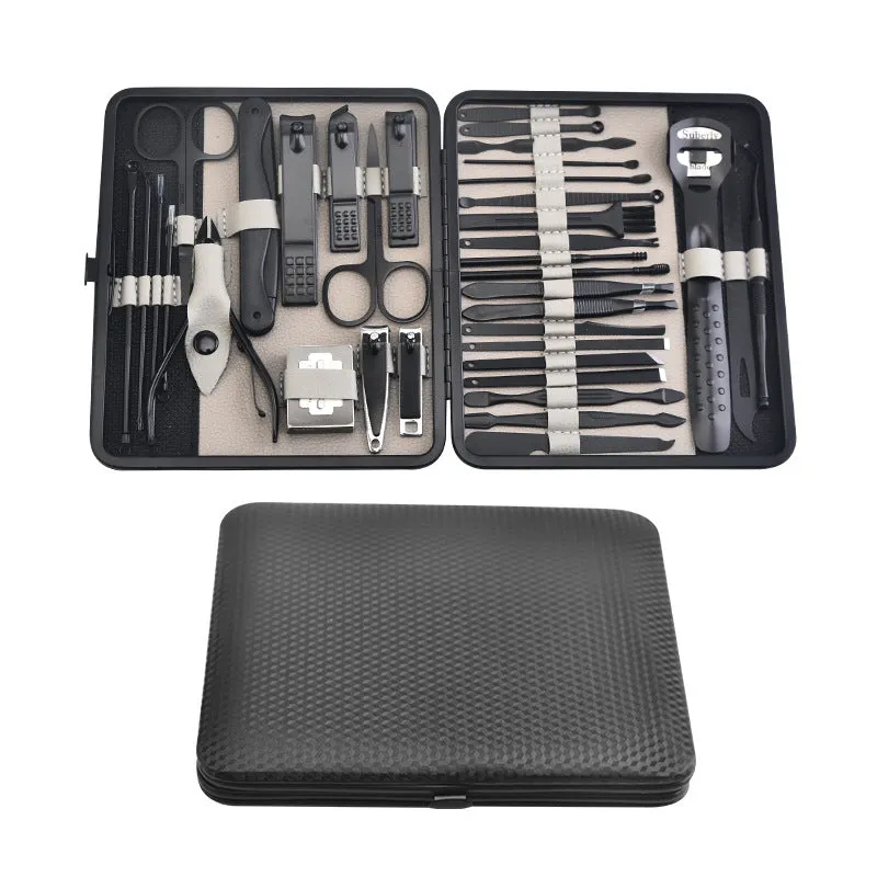 Red 36-piece manicure nail care kit with stainless steel tools in a PU leather case