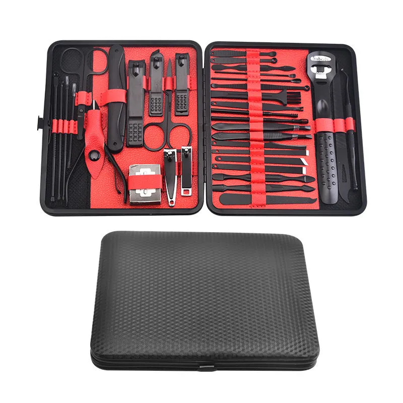 Red 36-piece manicure nail care kit with stainless steel tools in a PU leather case