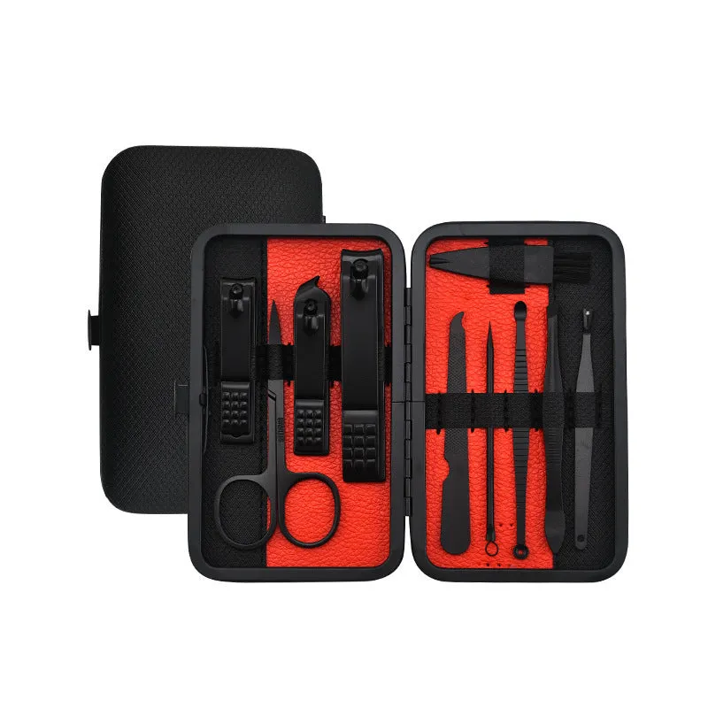 Red 36-piece manicure nail care kit with stainless steel tools in a PU leather case