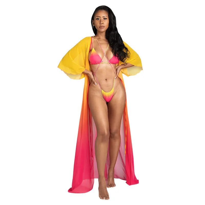 Sexy gradient two-piece split swimsuit backless polyester bikini with removable padding in swimsuit colour