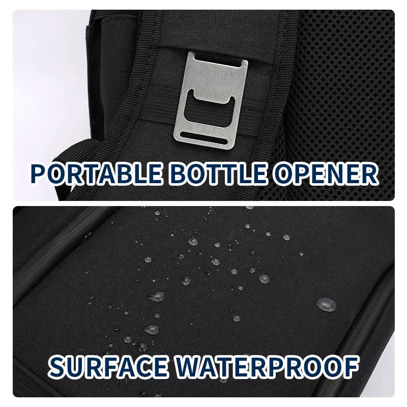 Blue double layer insulated waterproof picnic backpack with 22L capacity and ice pack compartment.