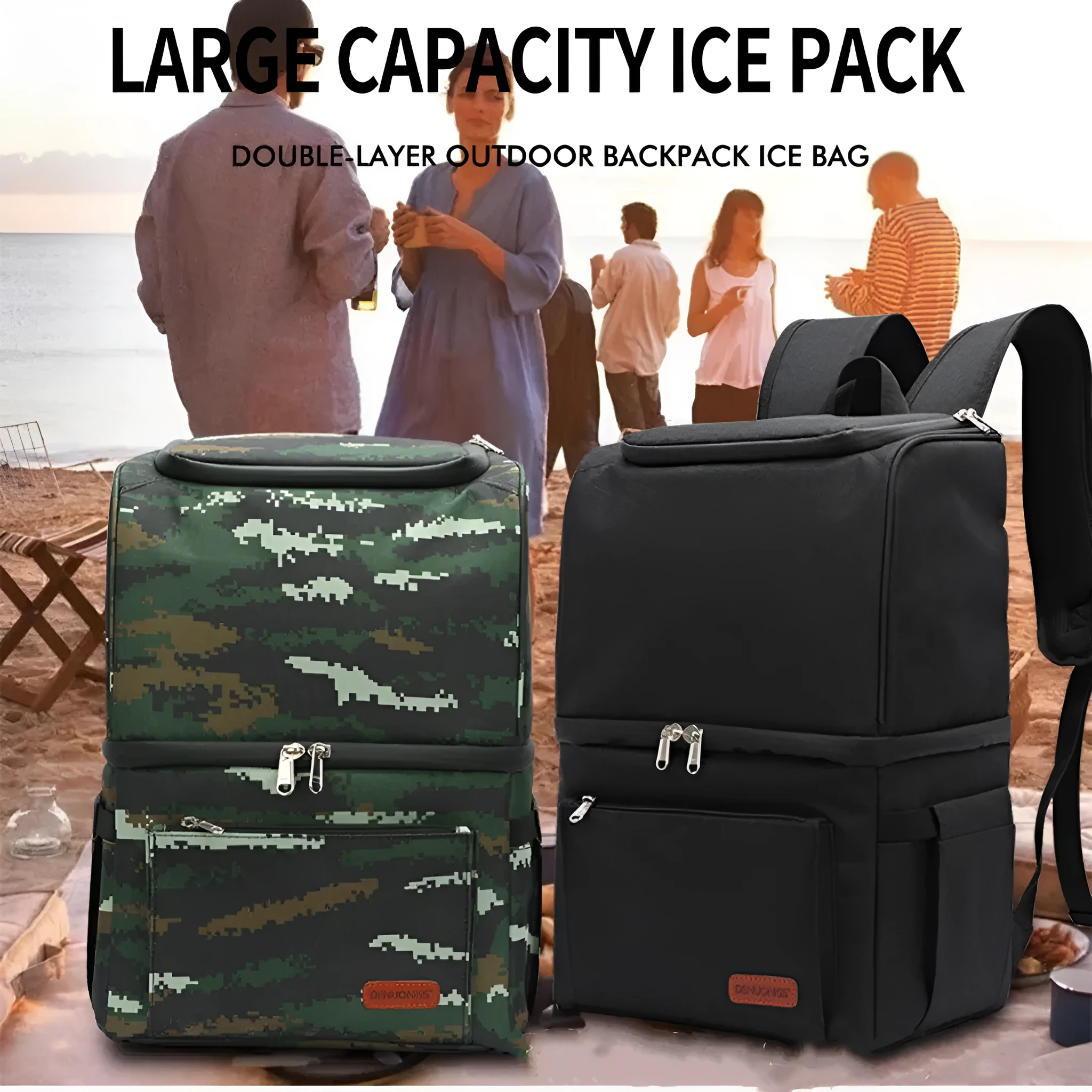 Blue double layer insulated waterproof picnic backpack with 22L capacity and ice pack compartment.