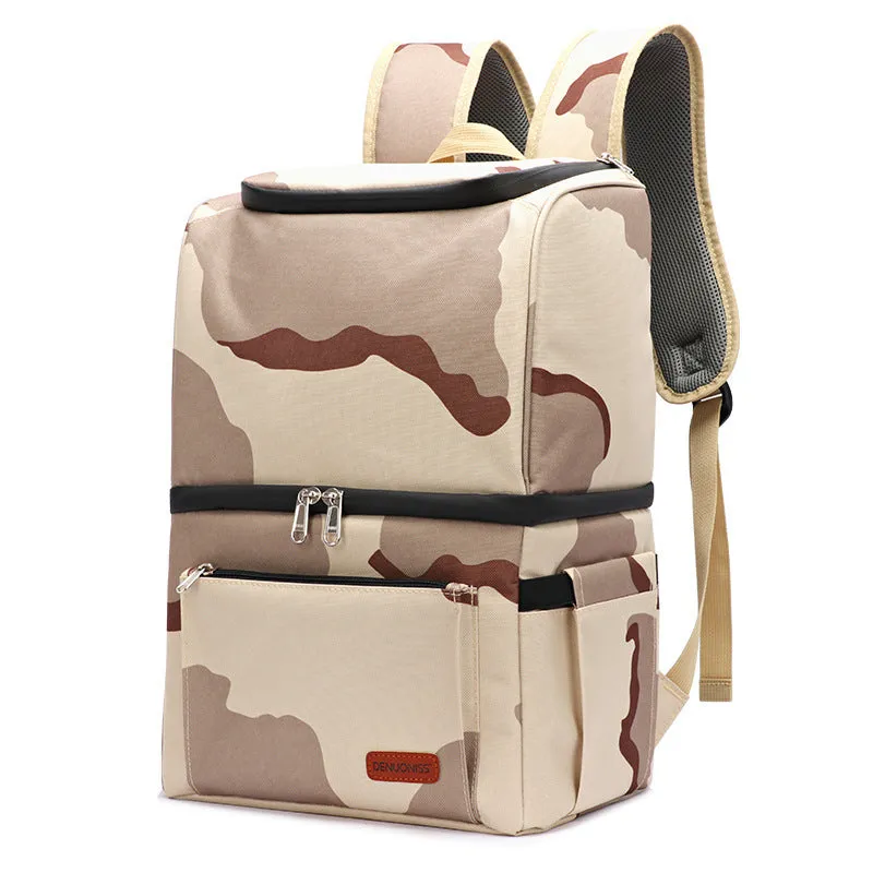 Blue double layer insulated waterproof picnic backpack with 22L capacity and ice pack compartment.