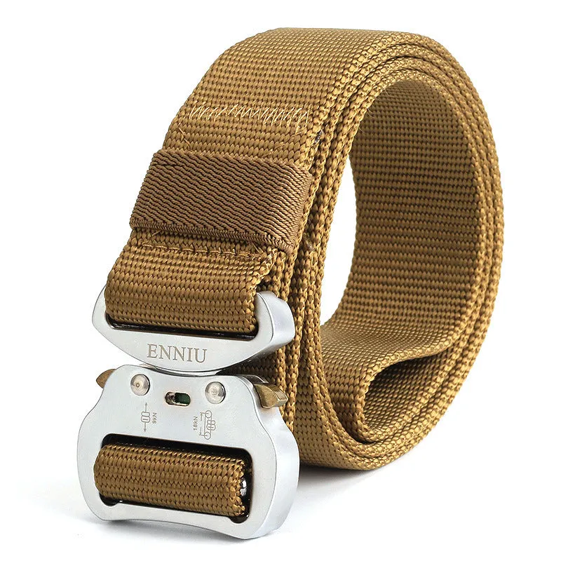 Army Fan tactical belt in nylon with aluminium buckle, 125cm length, colour Black, laid flat on surface