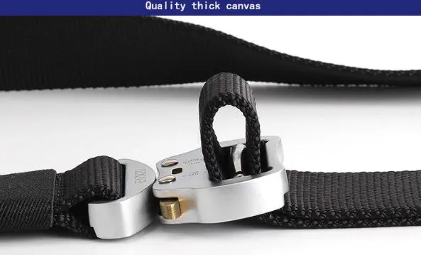 Army Fan tactical belt in nylon with aluminium buckle, 125cm length, colour Black, laid flat on surface