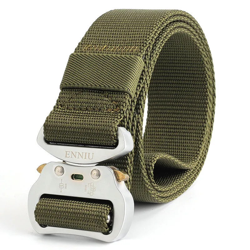 Army Fan tactical belt in nylon with aluminium buckle, 125cm length, colour Black, laid flat on surface