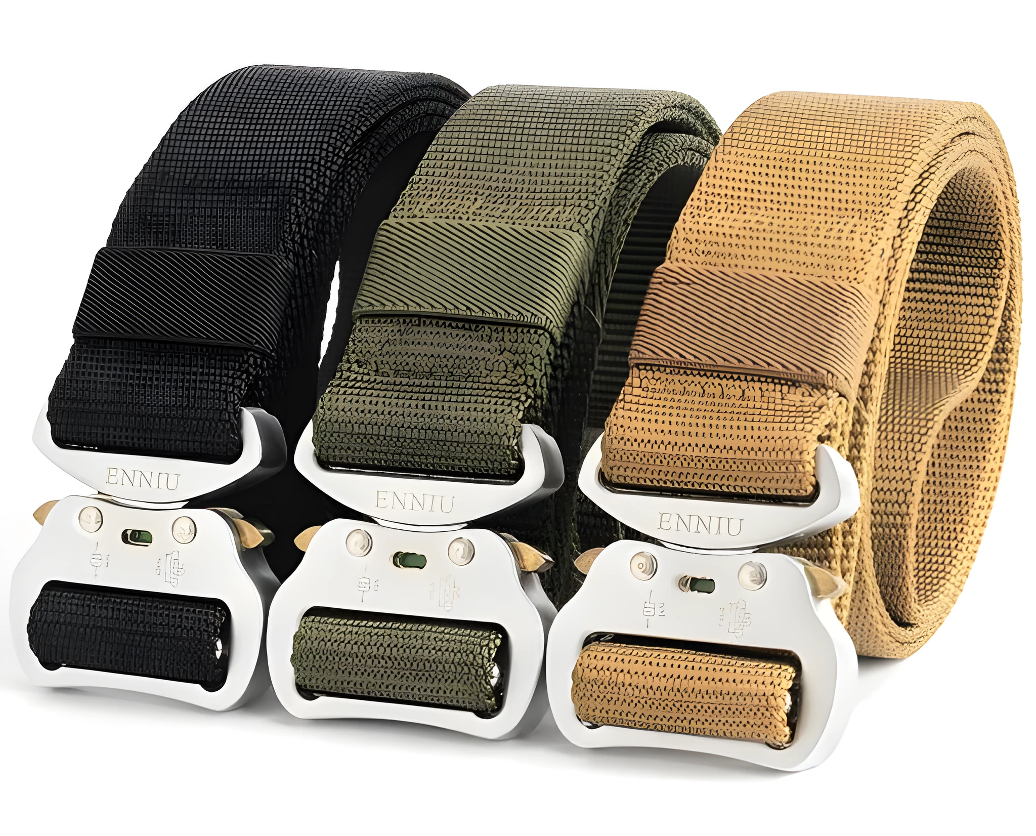 Army Fan tactical belt in nylon with aluminium buckle, 125cm length, colour Black, laid flat on surface