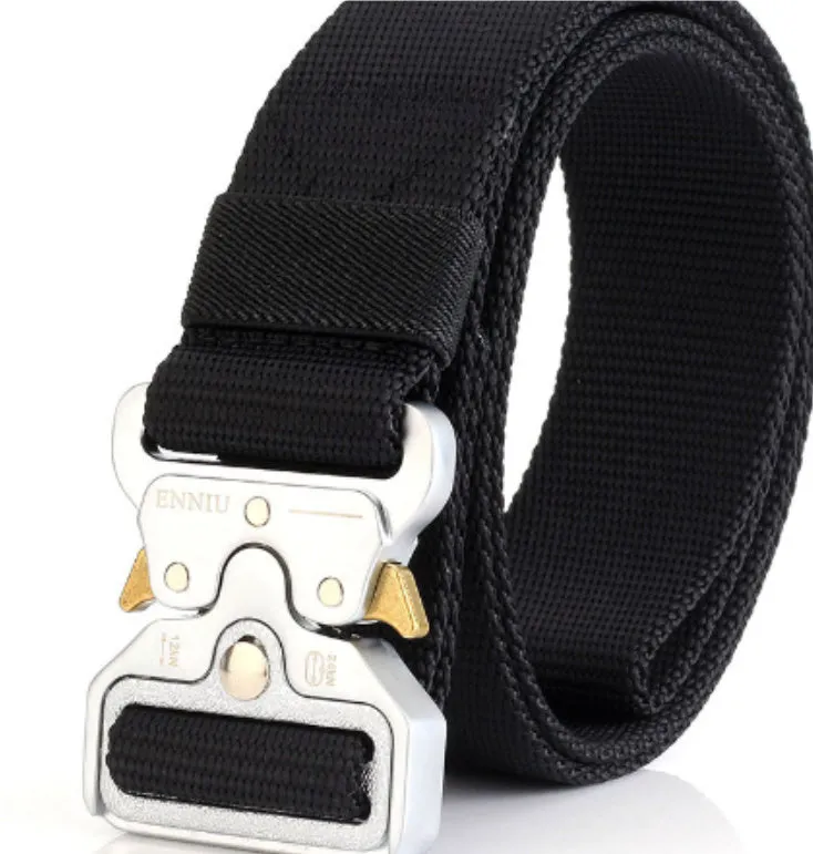 Army Fan tactical belt in nylon with aluminium buckle, 125cm length, colour Black, laid flat on surface