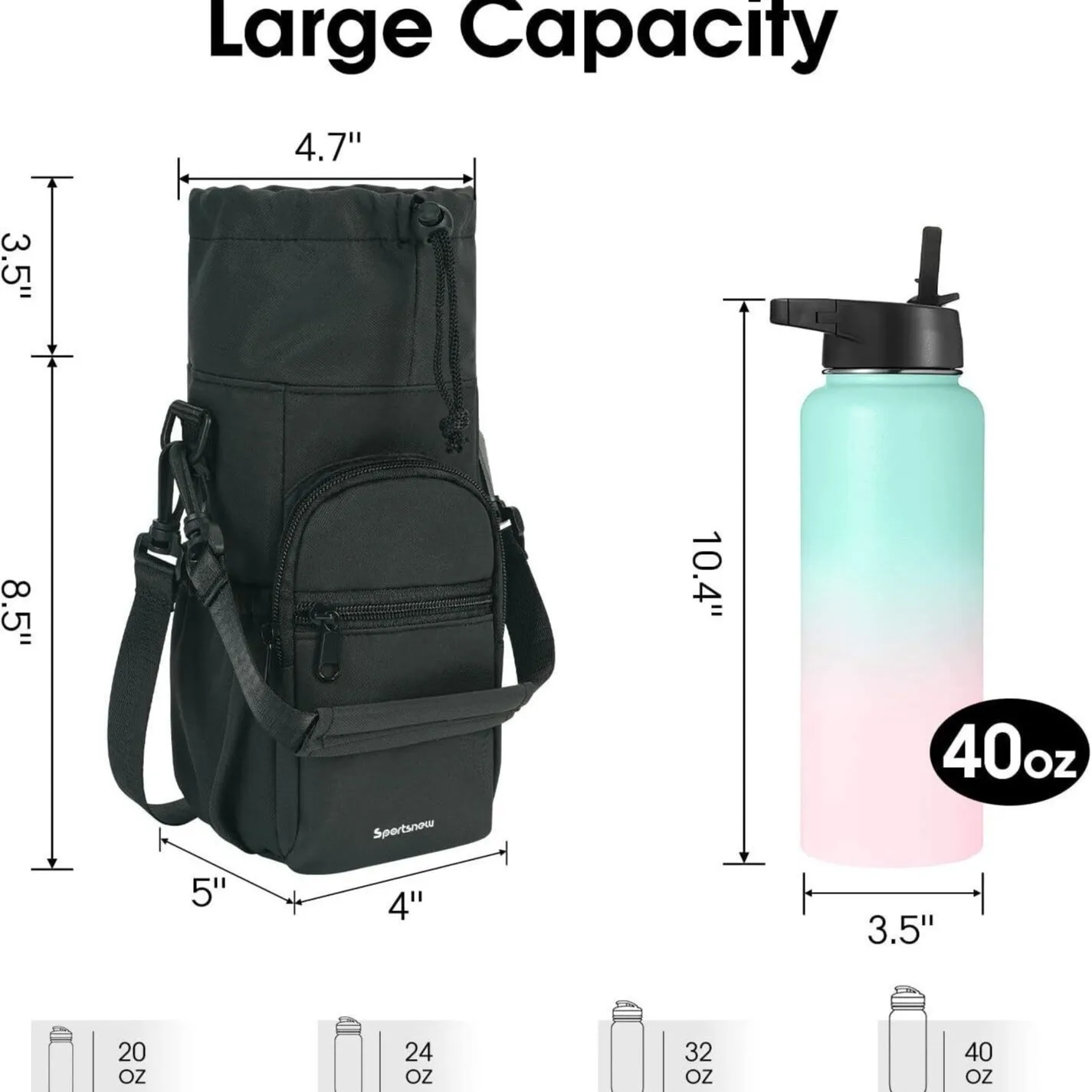 Cloth canvas water bottle pouch crossbody bag in black, green, or pink colours