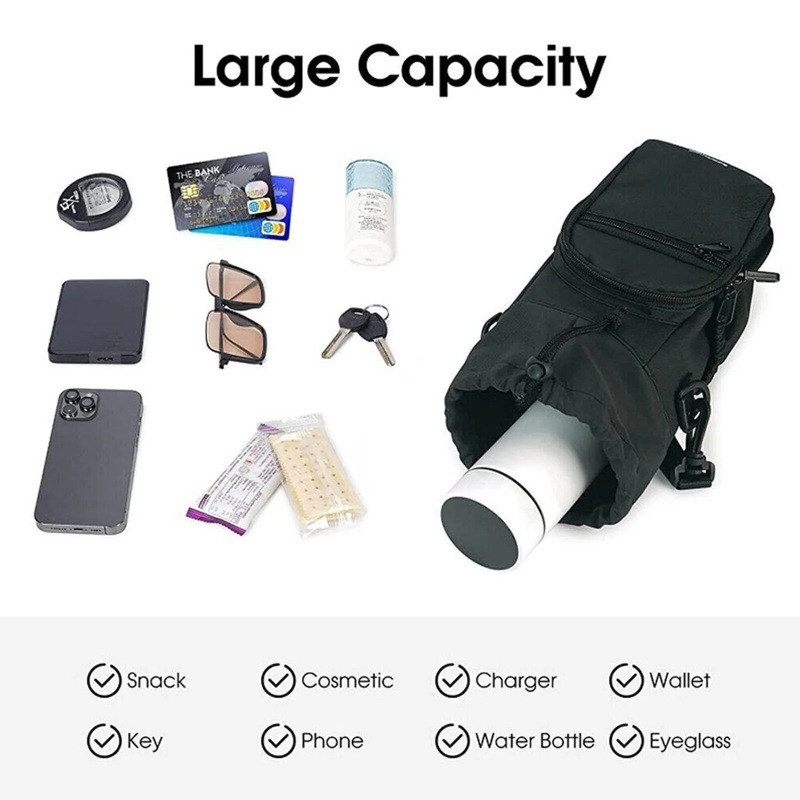 Cloth canvas water bottle pouch crossbody bag in black, green, or pink colours