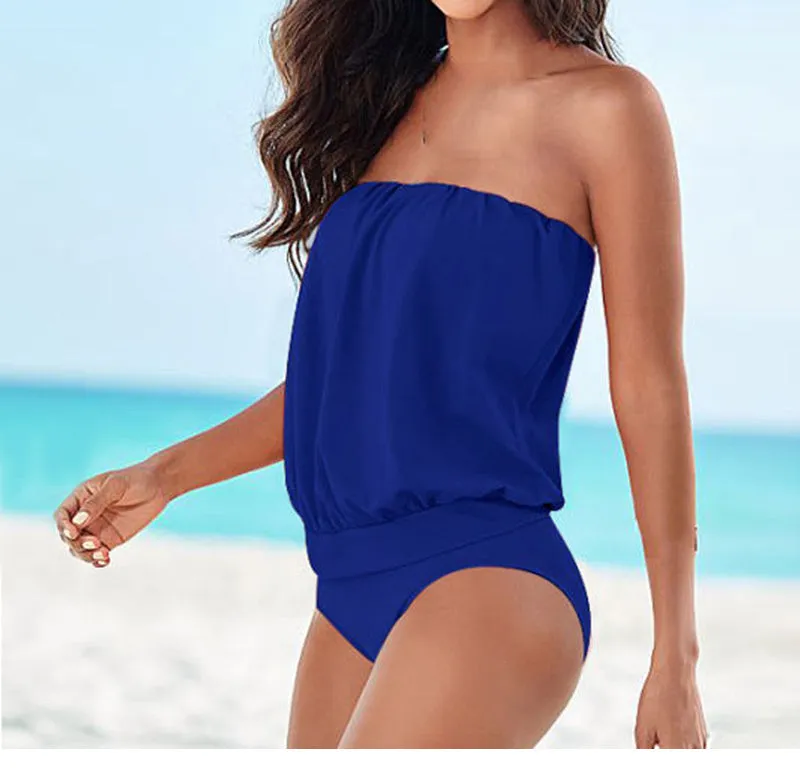 Solid colour strapless tube top one-piece triangle swimsuit in six colours available in sizes S to 3XL