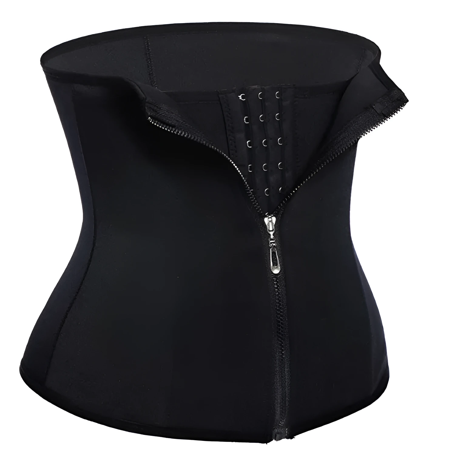 Black zipped neoprene corset body shaper with three-breasted belt and buckle for waist and hip shaping