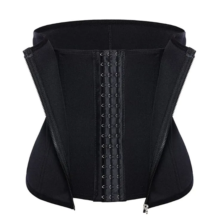 Black zipped neoprene corset body shaper with three-breasted belt and buckle for waist and hip shaping