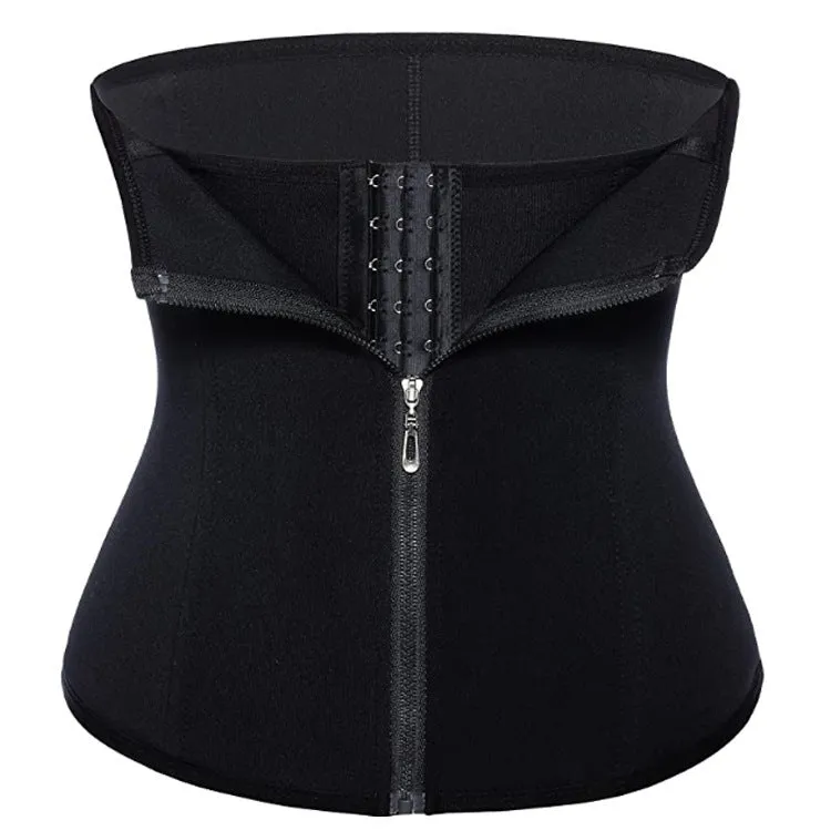 Black zipped neoprene corset body shaper with three-breasted belt and buckle for waist and hip shaping