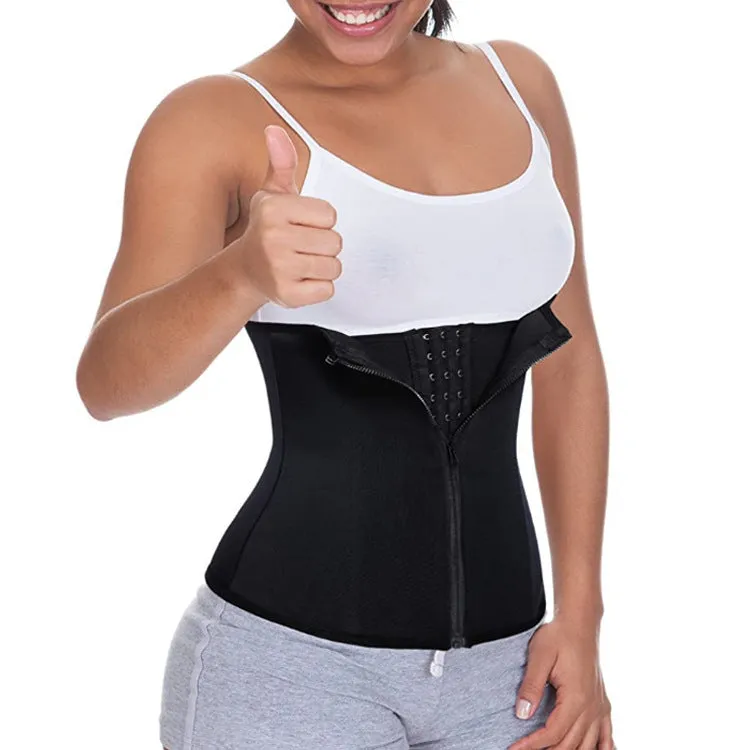 Black zipped neoprene corset body shaper with three-breasted belt and buckle for waist and hip shaping