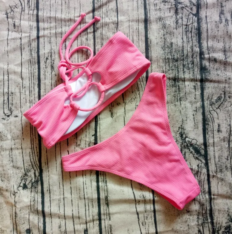 Solid colour bikini ladies swimwear with chest pad non-wire in six colours including black, green, orange, pink, red, yellow