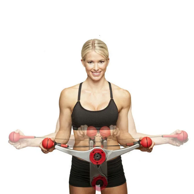 Red sports full-body arm trainer with adjustable weight clasp and snap rings on a white background