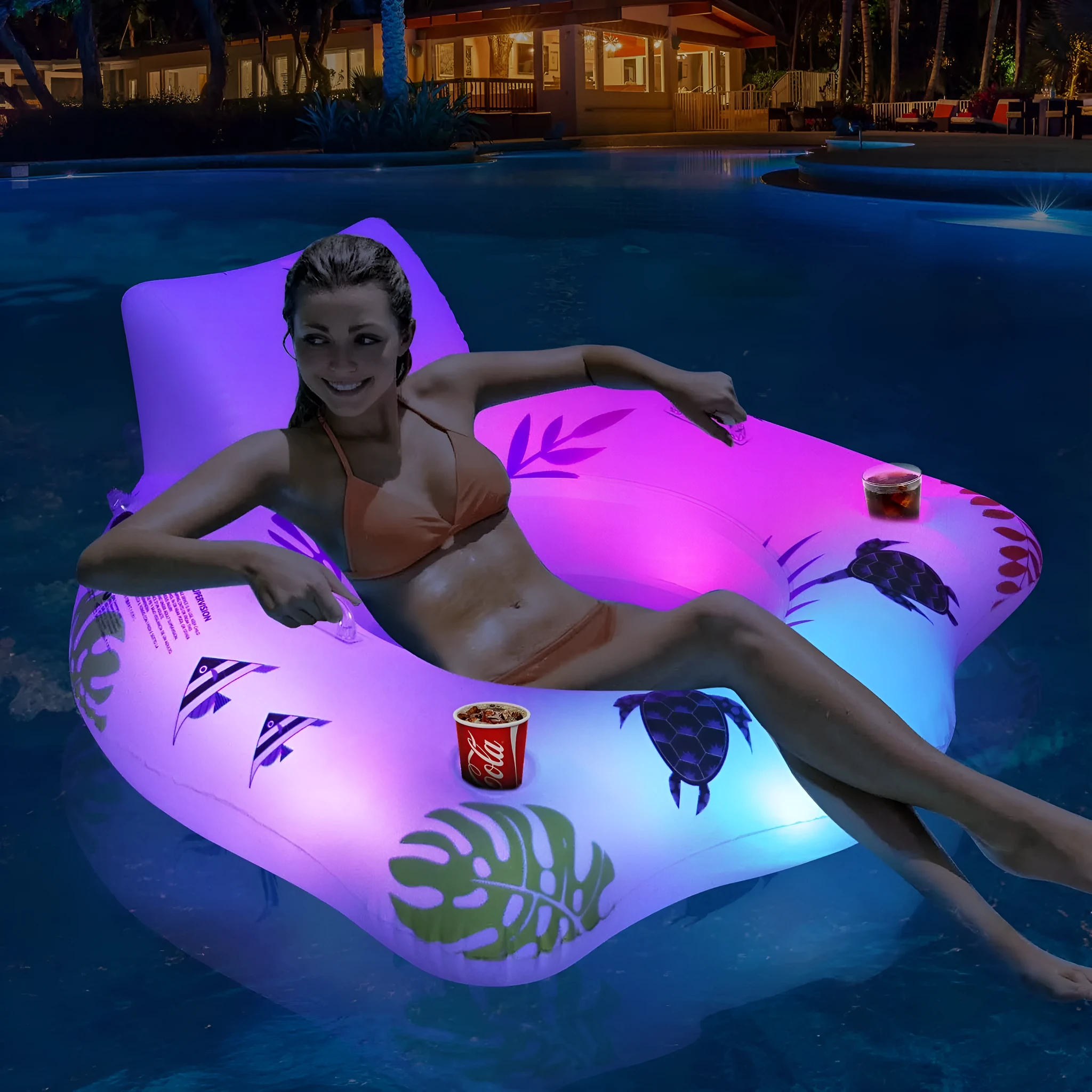 White U-shaped luminous inflatable float for pool lounging.