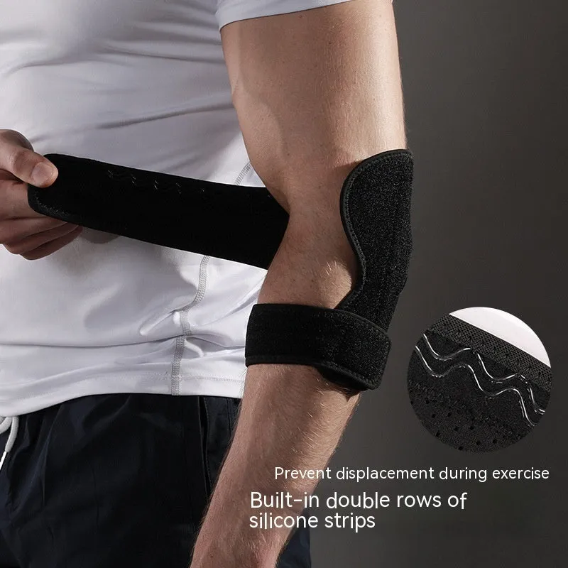 A black adjustable sports elbow guard shown on an arm, suitable for training and multiple sports.