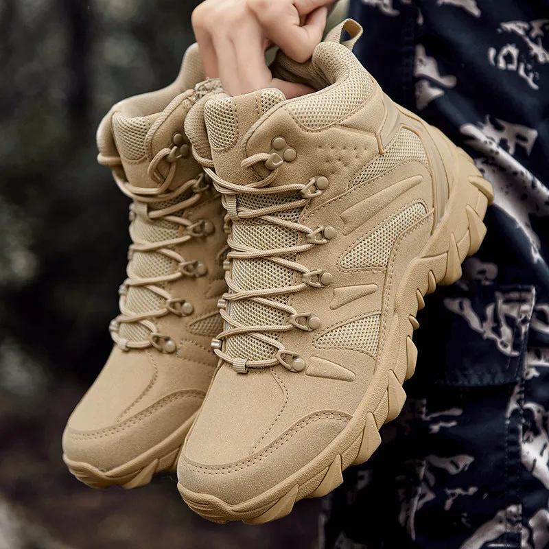 Men's PU combat boots in army green colour for outdoor hiking and camping