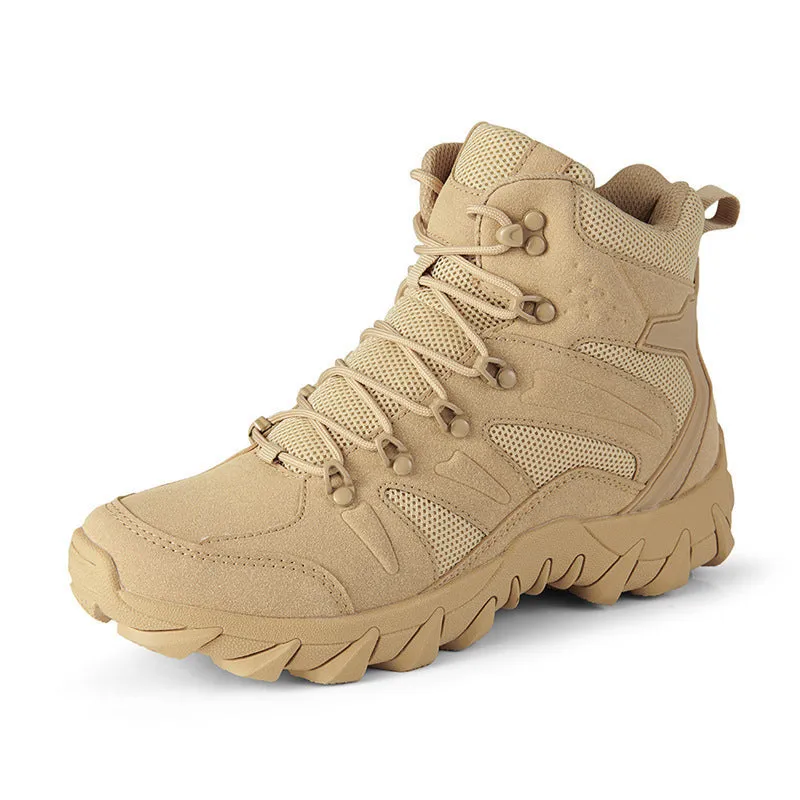 Men's PU combat boots in army green colour for outdoor hiking and camping