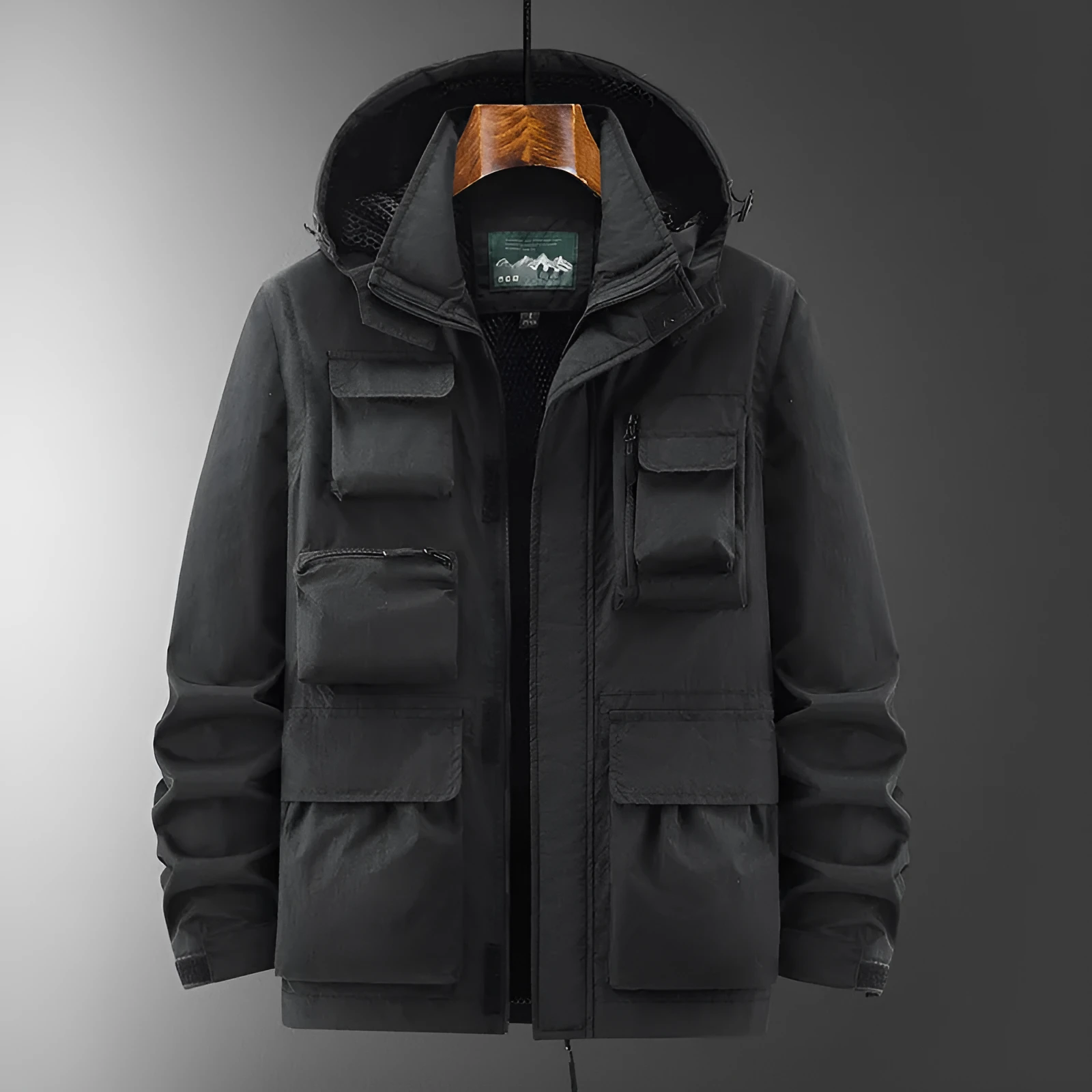 Japanese style outdoor shell jacket overalls jacket in black with size patch pocket and nylon blend fabric