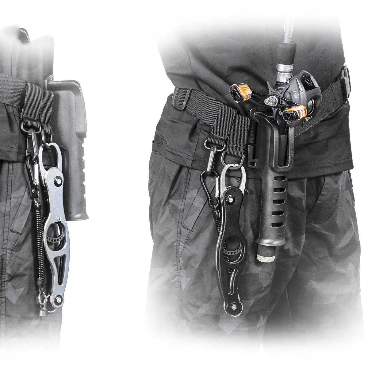 Fishing rod belt support bracket in black nylon, waist-mounted holder for rods with handle diameter under 3.5cm