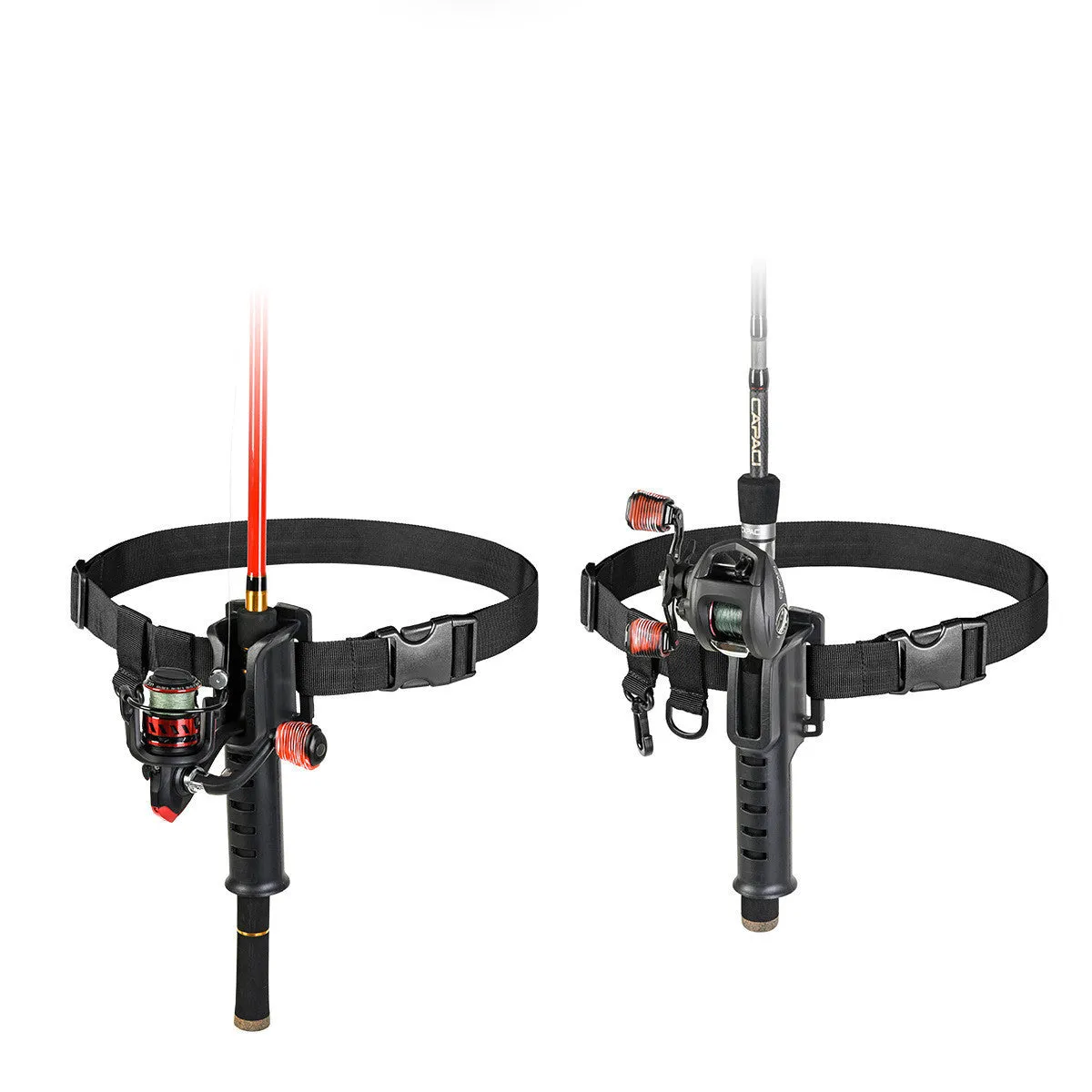 Fishing rod belt support bracket in black nylon, waist-mounted holder for rods with handle diameter under 3.5cm