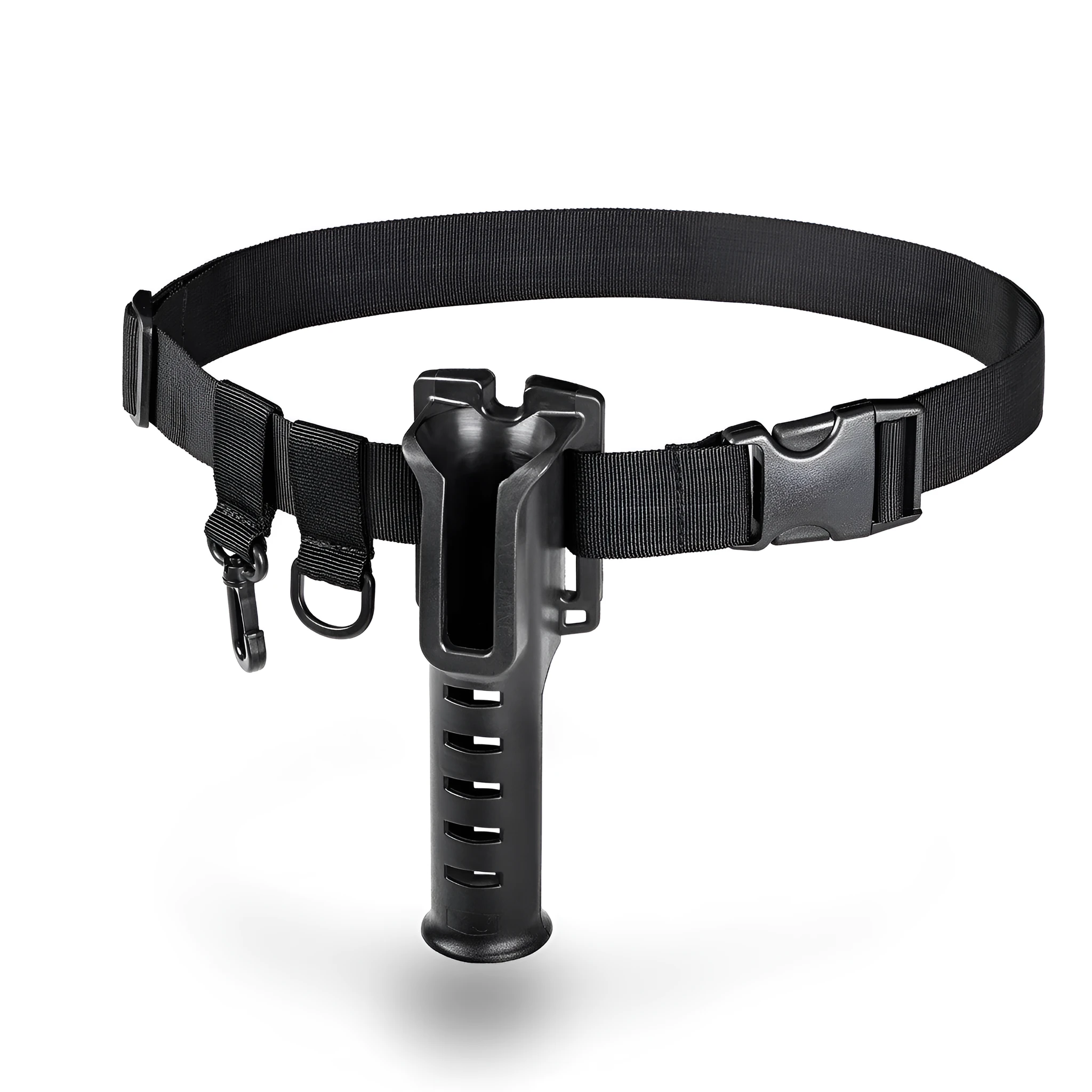 Fishing rod belt support bracket in black nylon, waist-mounted holder for rods with handle diameter under 3.5cm