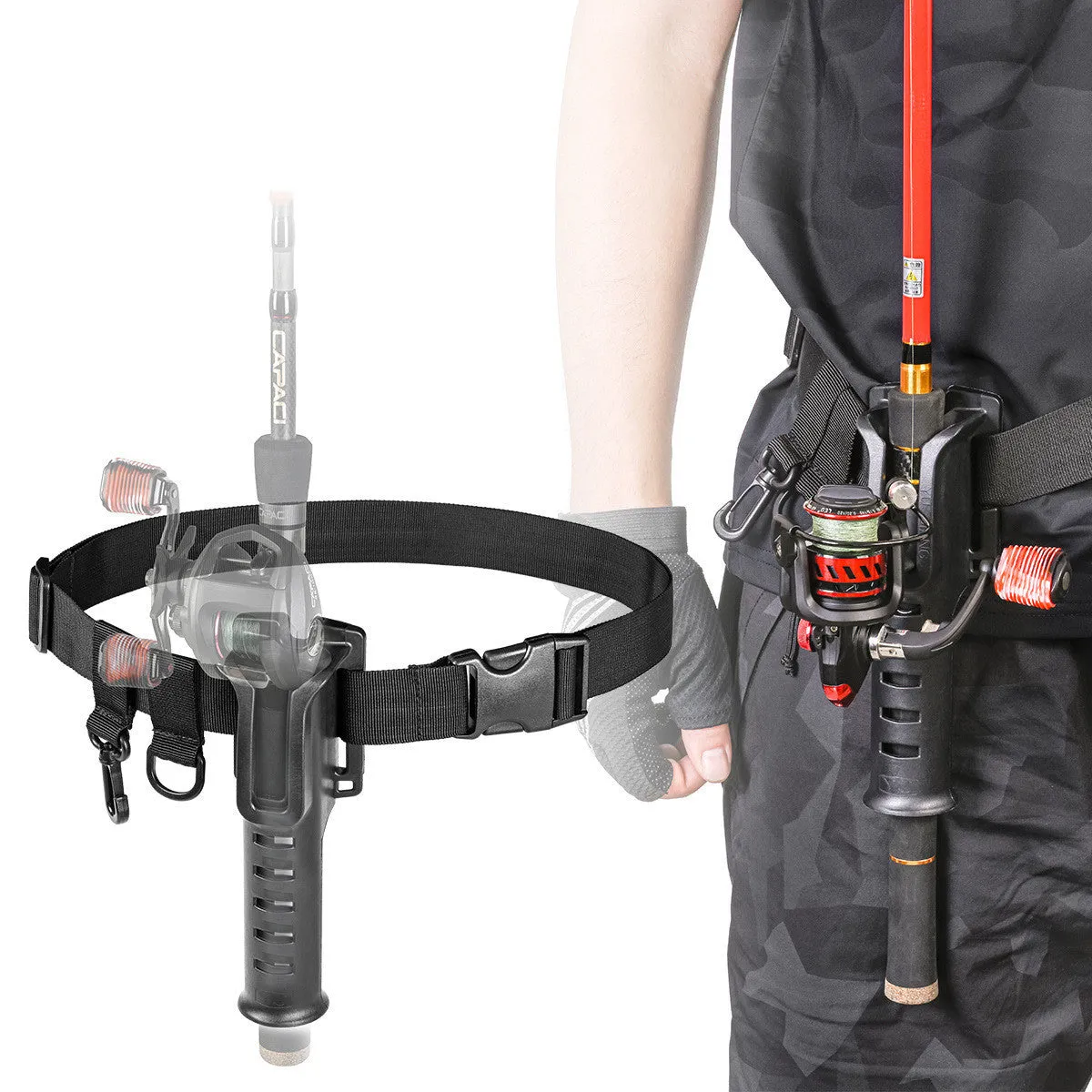Fishing rod belt support bracket in black nylon, waist-mounted holder for rods with handle diameter under 3.5cm