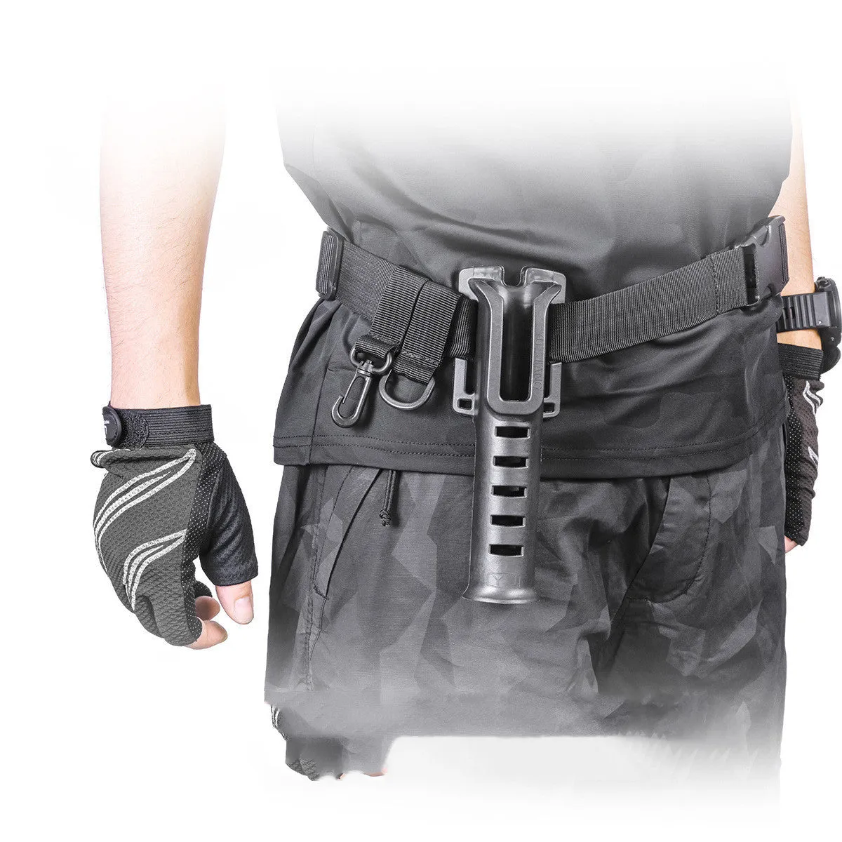 Fishing rod belt support bracket in black nylon, waist-mounted holder for rods with handle diameter under 3.5cm