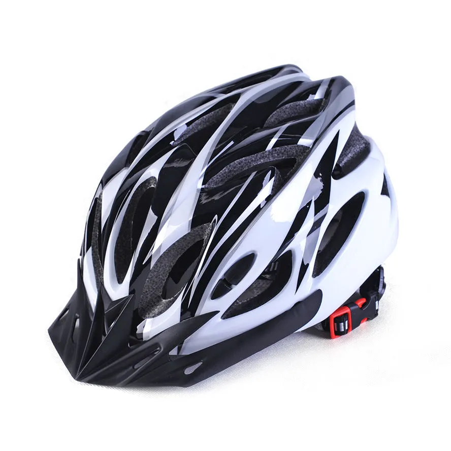 Bicycle helmet with 21 ventilation holes and adjustable fit, side view showing aerodynamic vents and chin strap