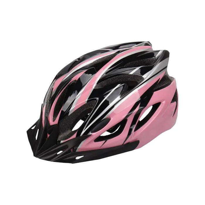 Bicycle helmet with 21 ventilation holes and adjustable fit, side view showing aerodynamic vents and chin strap