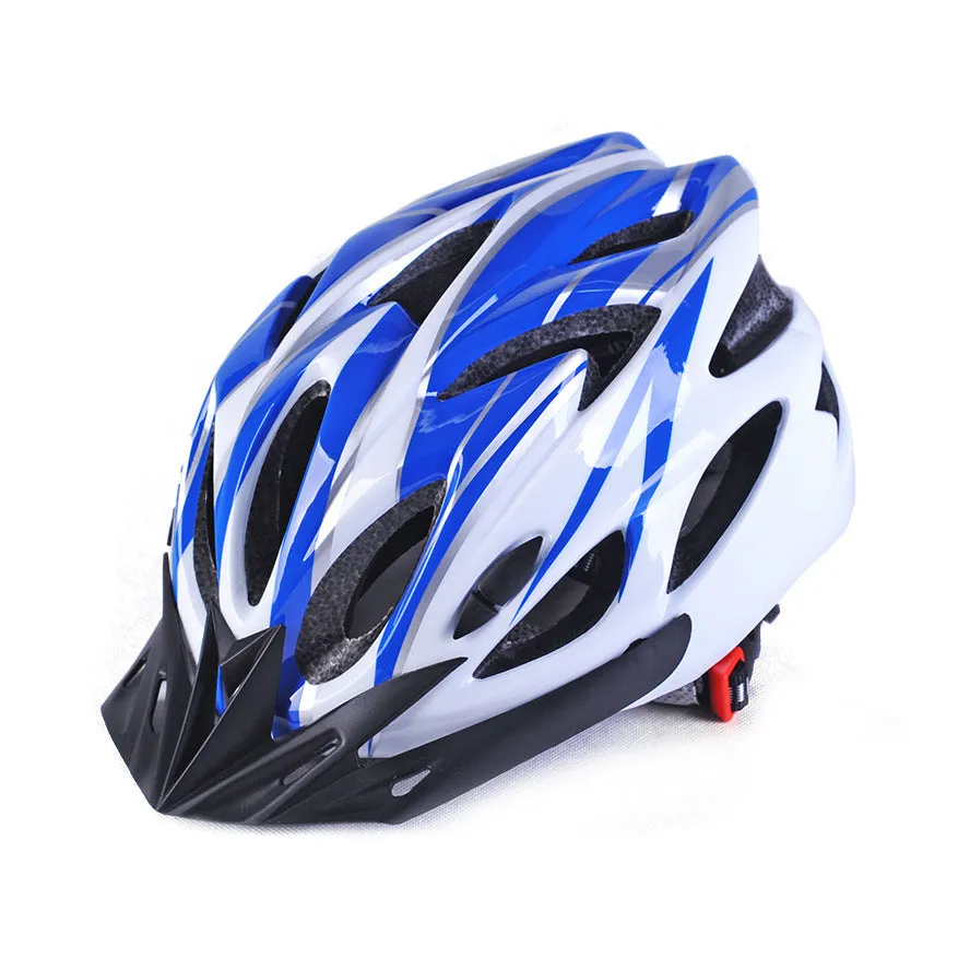 Bicycle helmet with 21 ventilation holes and adjustable fit, side view showing aerodynamic vents and chin strap